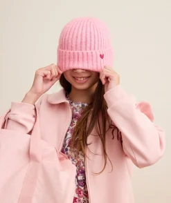 Bonnet fille rose maille côtelée cœur