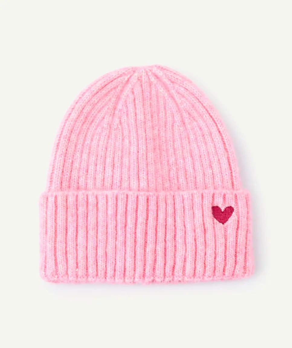 Bonnet fille rose maille côtelée cœur