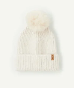 Bonnet fille tricot écru à pompon
