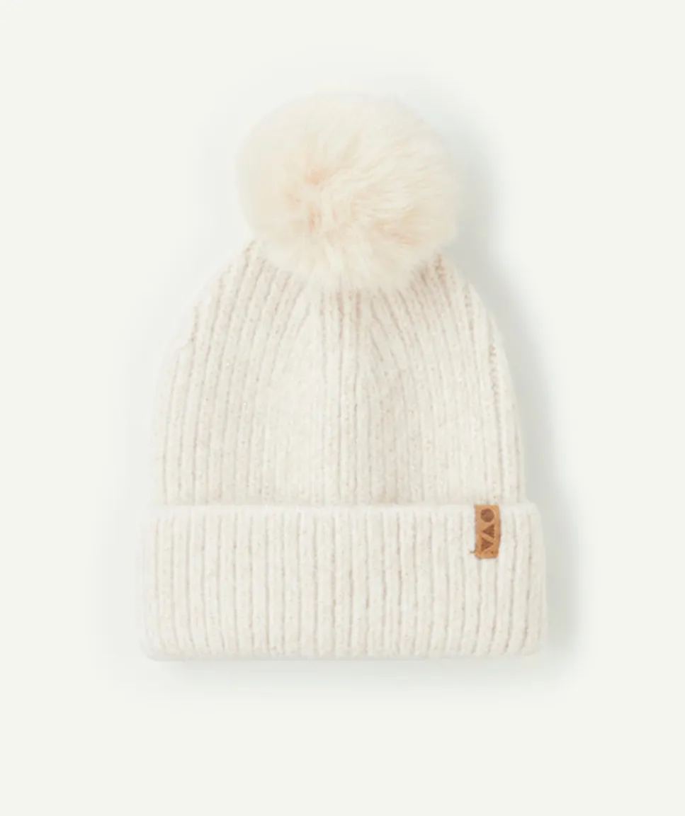 Bonnet fille tricot écru à pompon