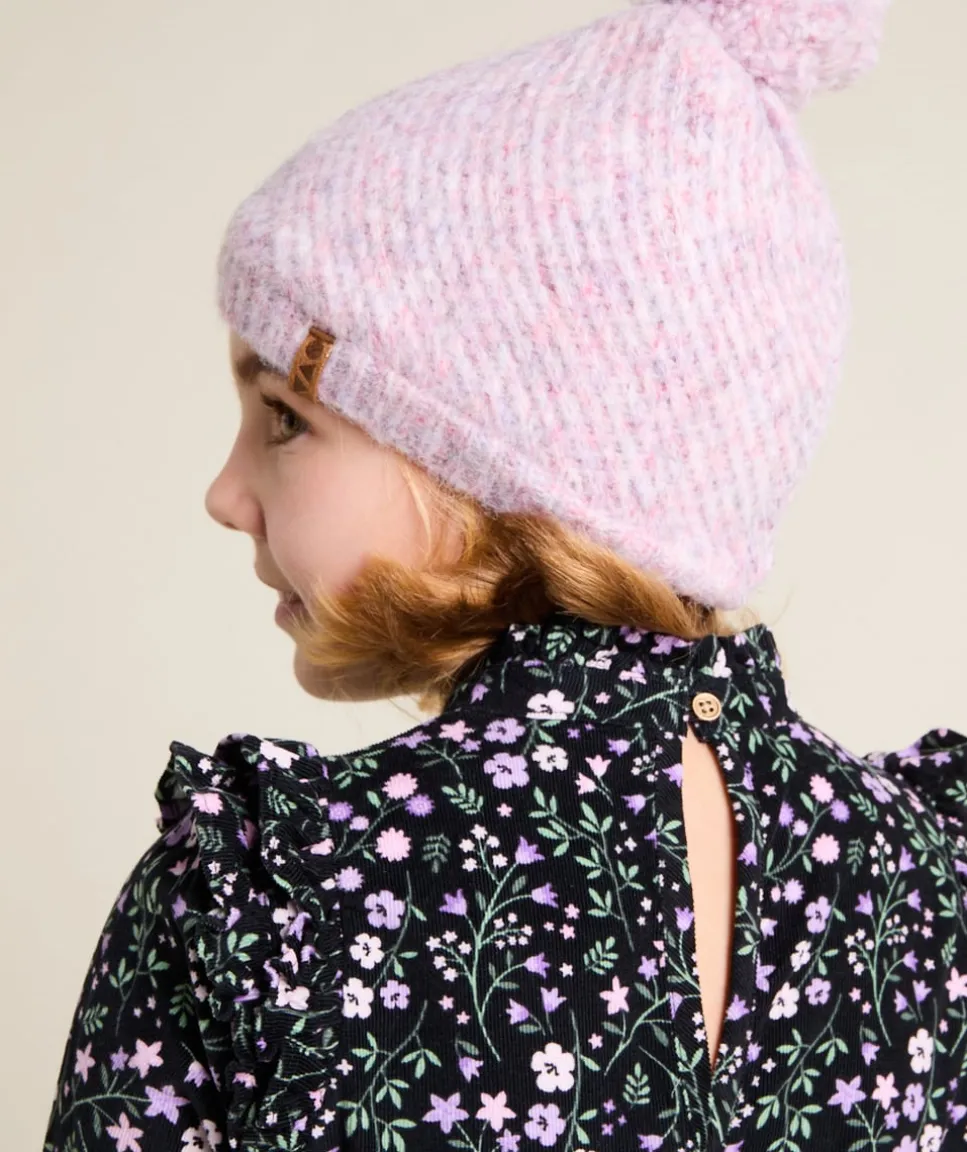Bonnet fille tricoté en fibres recyclées à pompon rose pastel