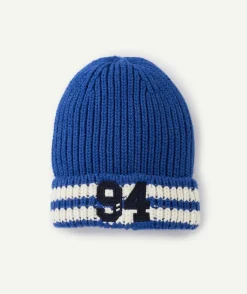 Bonnet garçon en fibres recyclées bleu avec rayures