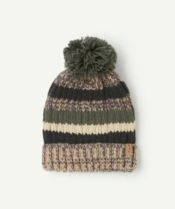 Bonnet garçon en fibres recyclées beige kaki et noir rayé avec pompon