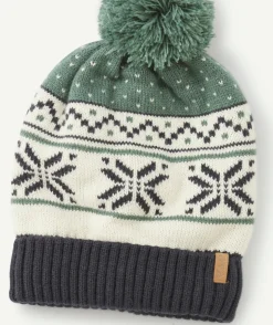 Bonnet garçon motif jacquard vert et blanc avec pompon
