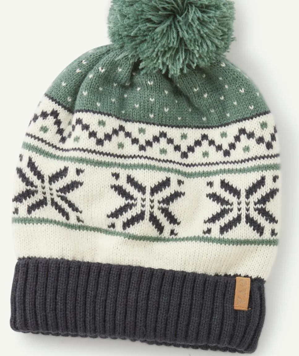 Bonnet garçon motif jacquard vert et blanc avec pompon
