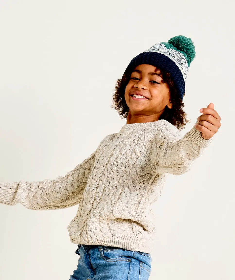 Bonnet garçon motif jacquard vert et blanc avec pompon