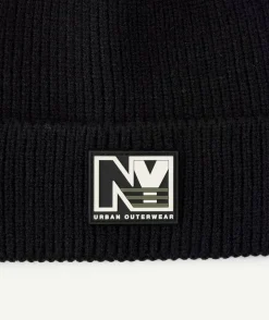 Bonnet garçon noir maille côtelée patch