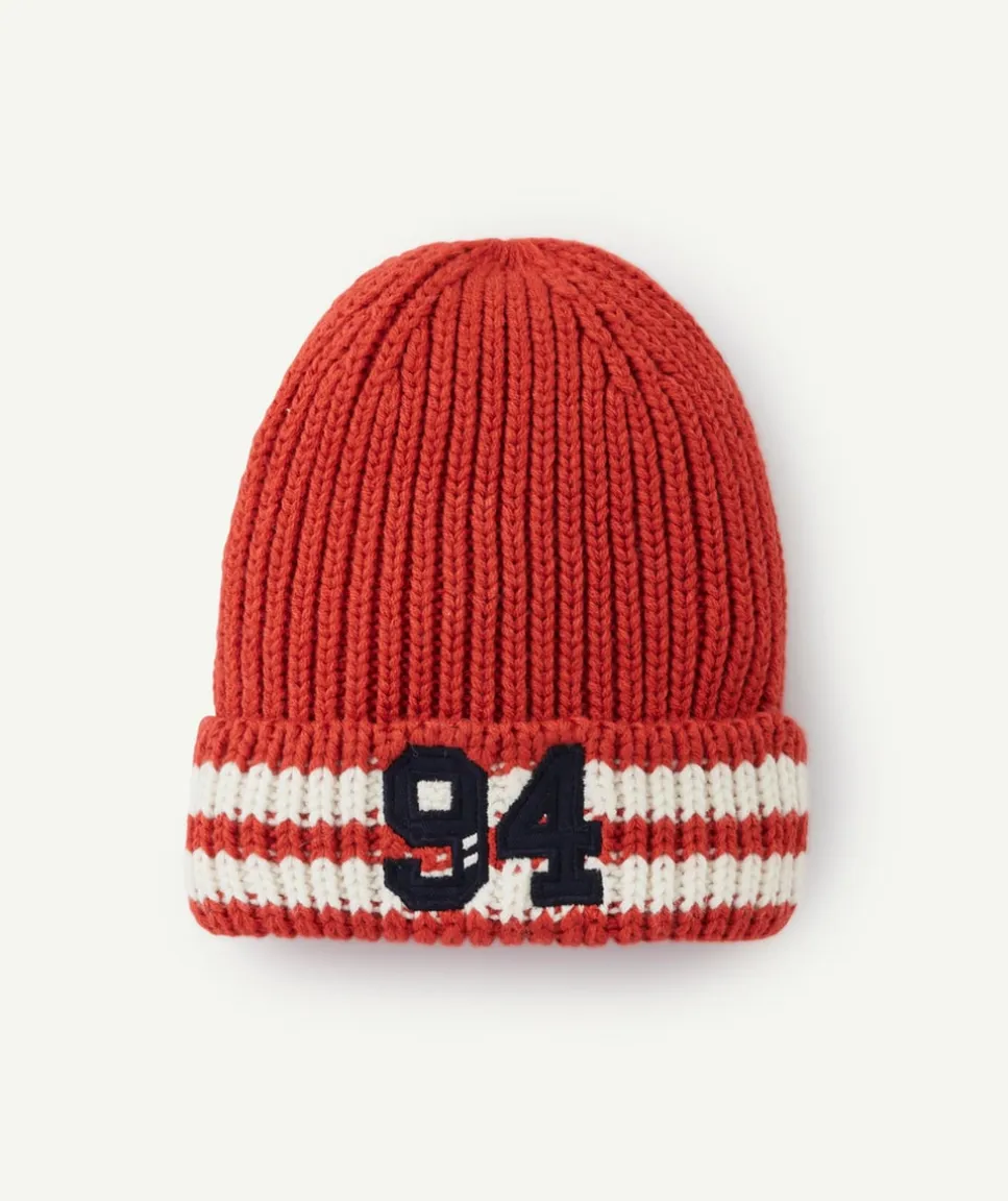 Bonnet garçon rouge à rayures et chiffre