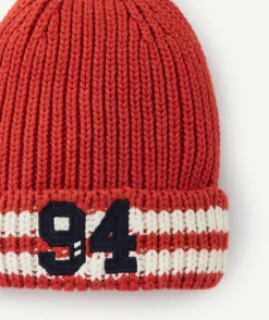 Bonnet garçon rouge à rayures et chiffre