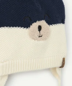 Bonnet garçon tricot bleu blanc ours