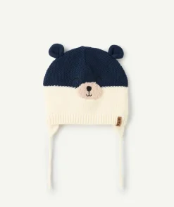 Bonnet garçon tricot bleu blanc ours