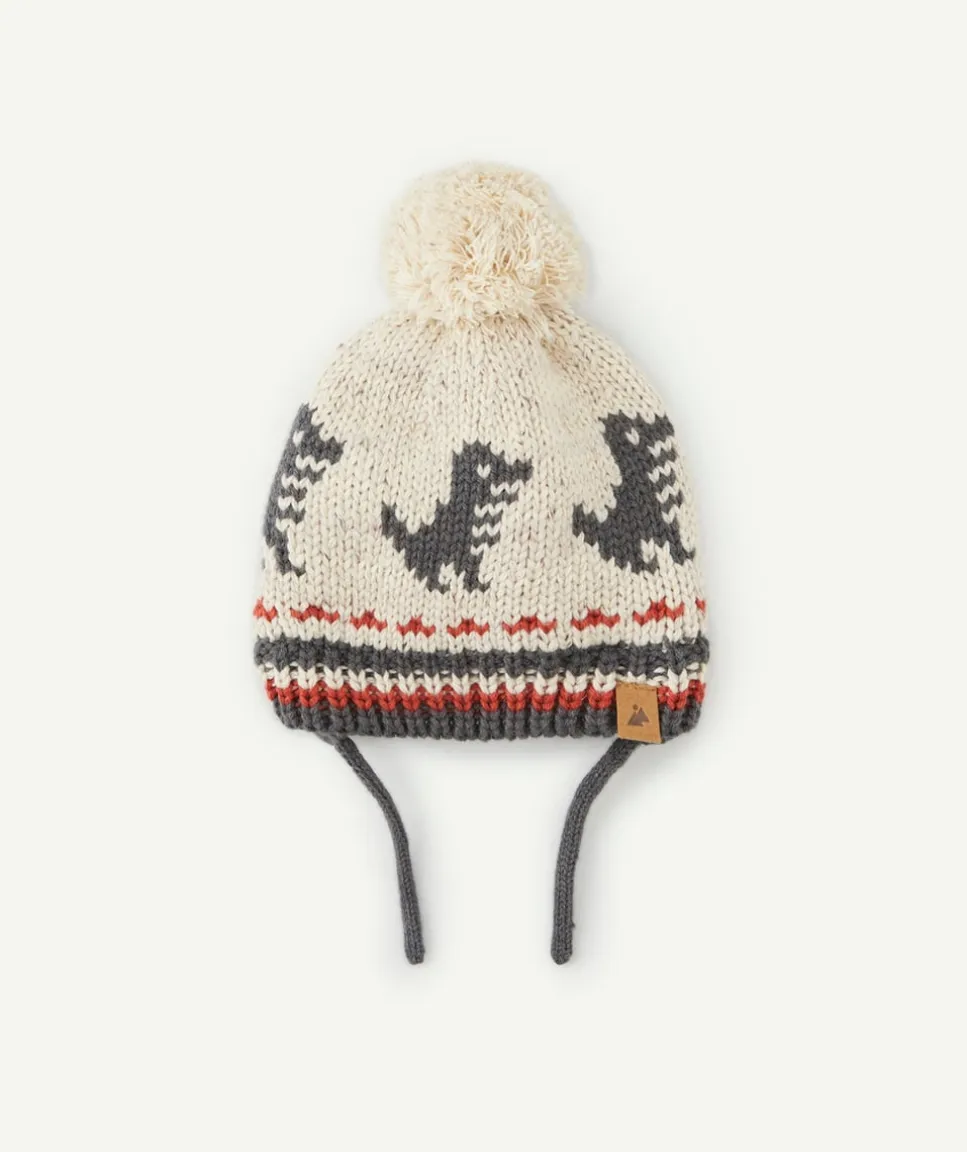 Bonnet tricot bébé garçon en fibres recyclées beige avec motifs et pompon
