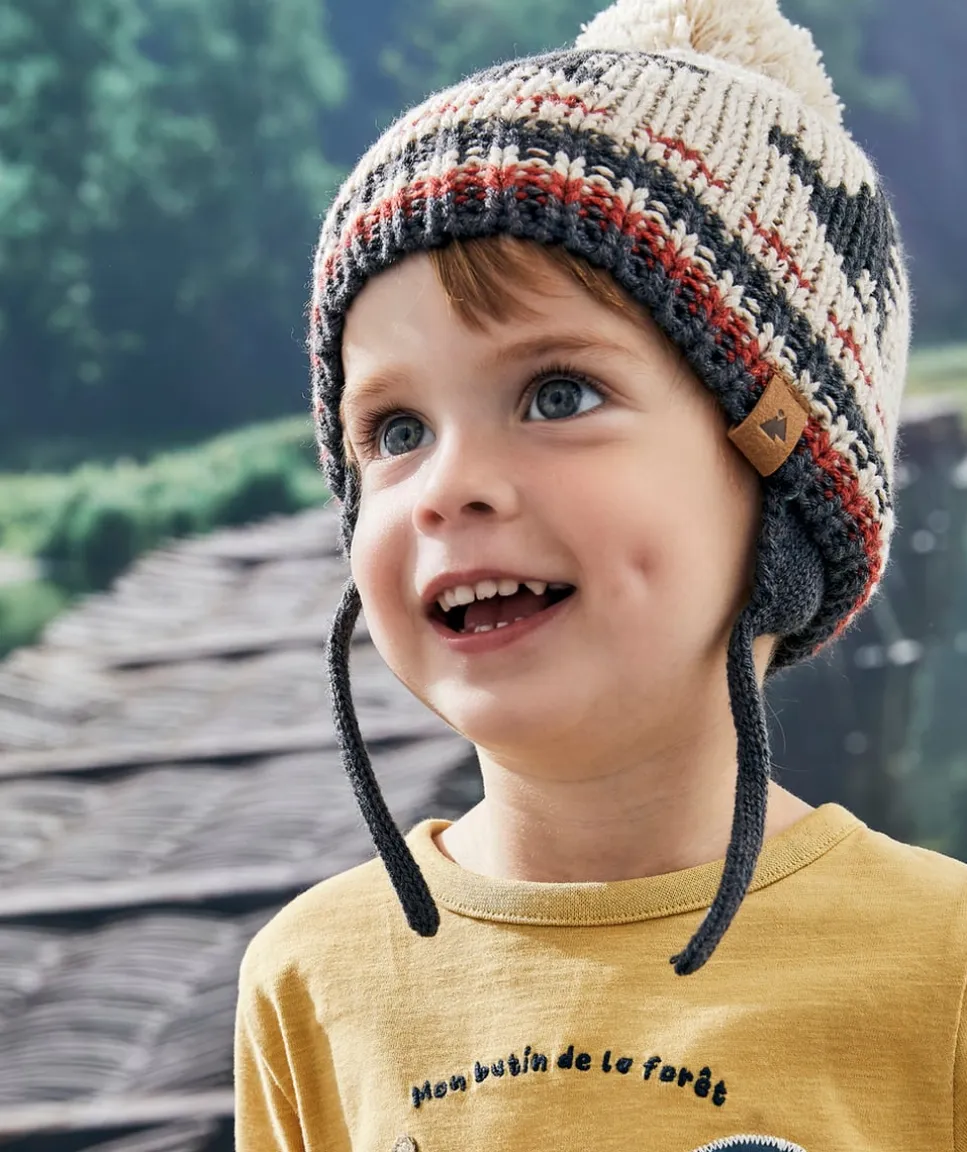 Bonnet tricot bébé garçon en fibres recyclées beige avec motifs et pompon