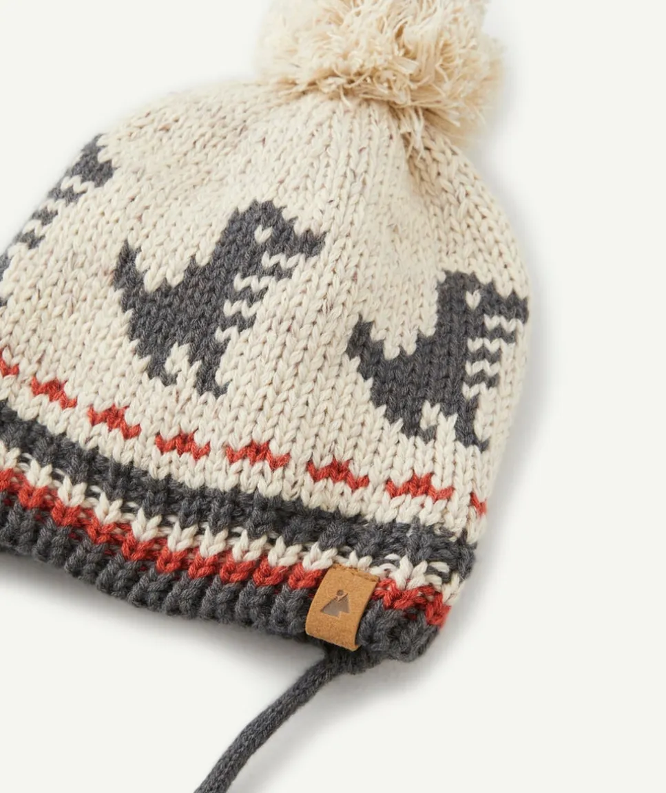 Bonnet tricot bébé garçon en fibres recyclées beige avec motifs et pompon