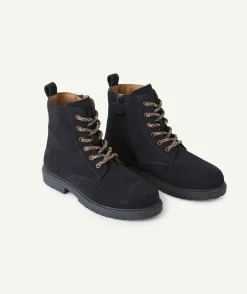 Bottes garçon en partie en cuir noir à faux lacets