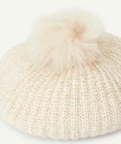 Béret fille en fibres recyclées écru avec pompon