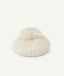 Béret fille en fibres recyclées écru avec pompon