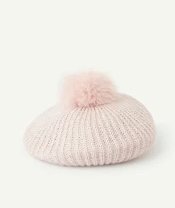 Béret fille en fibres recyclées roses avec pompon et détails couleur argentée