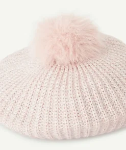 Béret fille en fibres recyclées roses avec pompon et détails couleur argentée