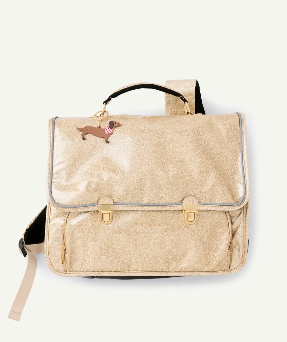 Cartable fille pailleté couleur dorée chien