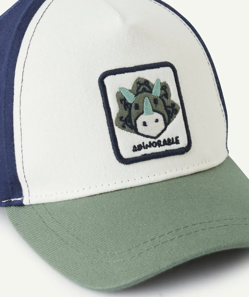 Casquette bébé garçon blanc bleu et vert avec patch dinosaure