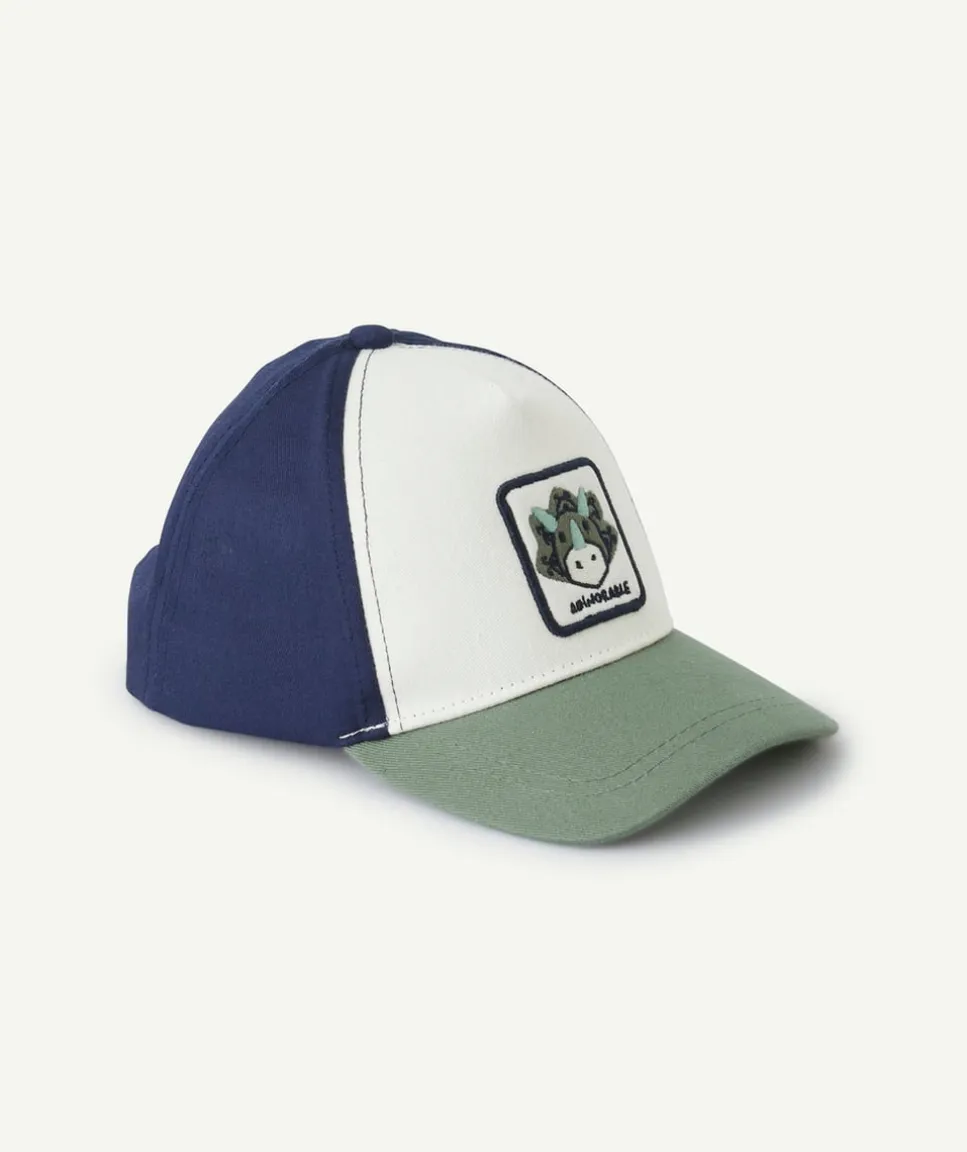 Casquette bébé garçon blanc bleu et vert avec patch dinosaure