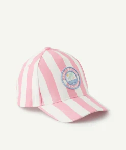 Casquette fille rayée rose et blanche à patch