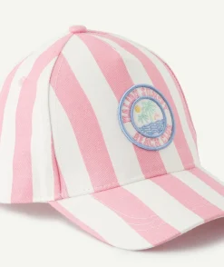 Casquette fille rayée rose et blanche à patch