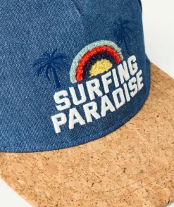 Casquette garçon bleu marine denim avec visière effet liège et broderies
