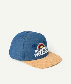 Casquette garçon bleu marine denim avec visière effet liège et broderies