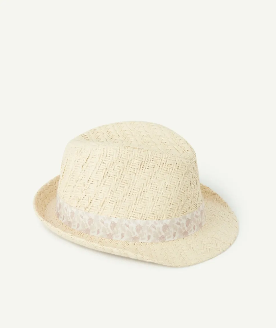 Chapeau de paille bébé garçon avec bande de tissu imprimé feuille
