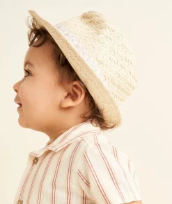 Chapeau de paille bébé garçon avec bande de tissu imprimé feuille