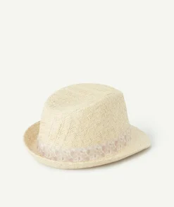 Chapeau de paille bébé garçon avec bande de tissu imprimé feuille