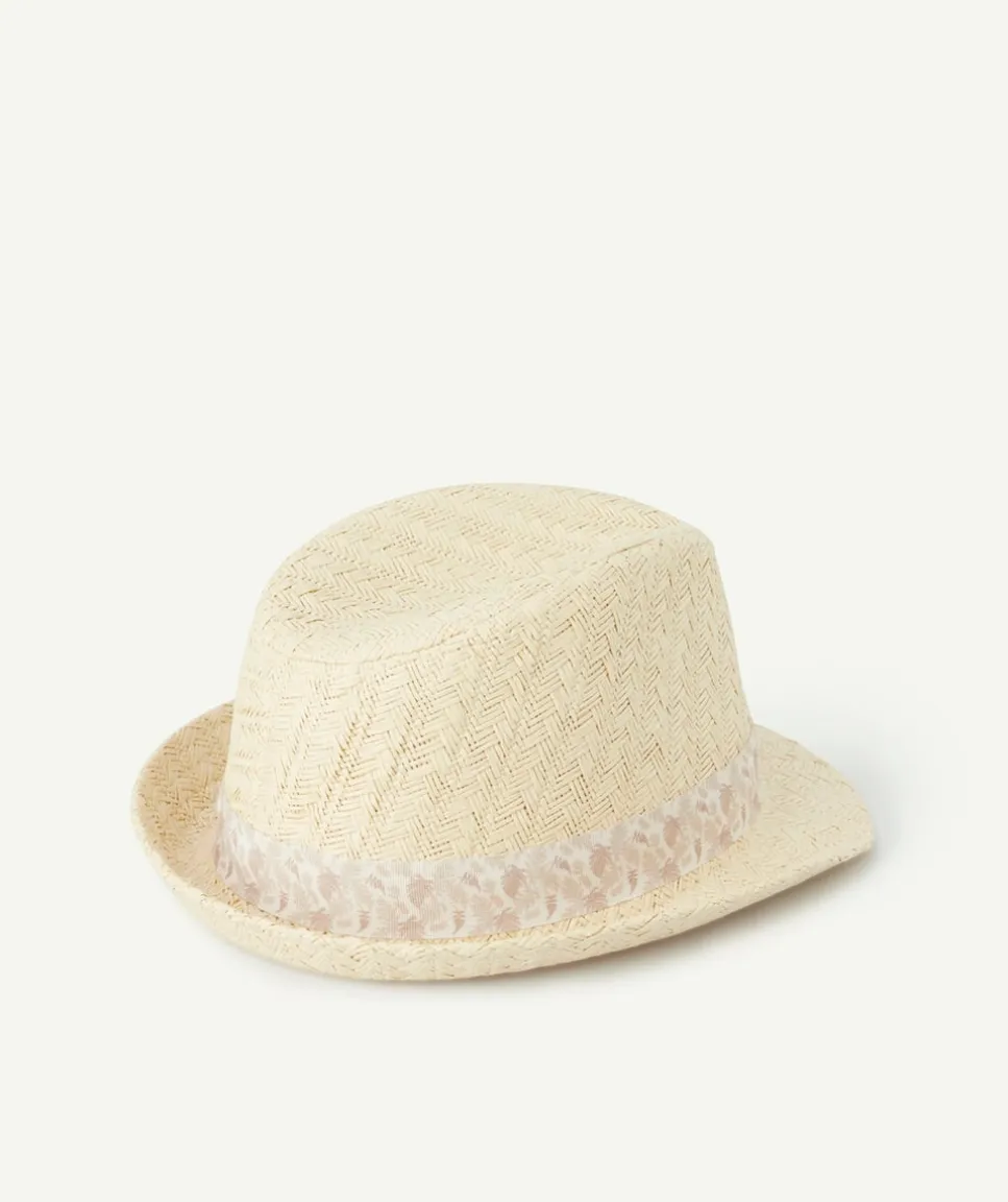Chapeau de paille bébé garçon avec bande de tissu imprimé feuille