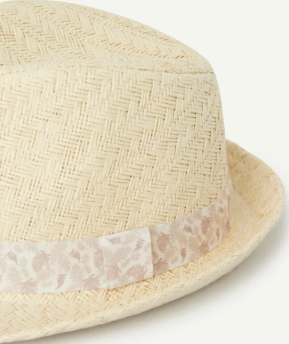 Chapeau de paille bébé garçon avec bande de tissu imprimé feuille