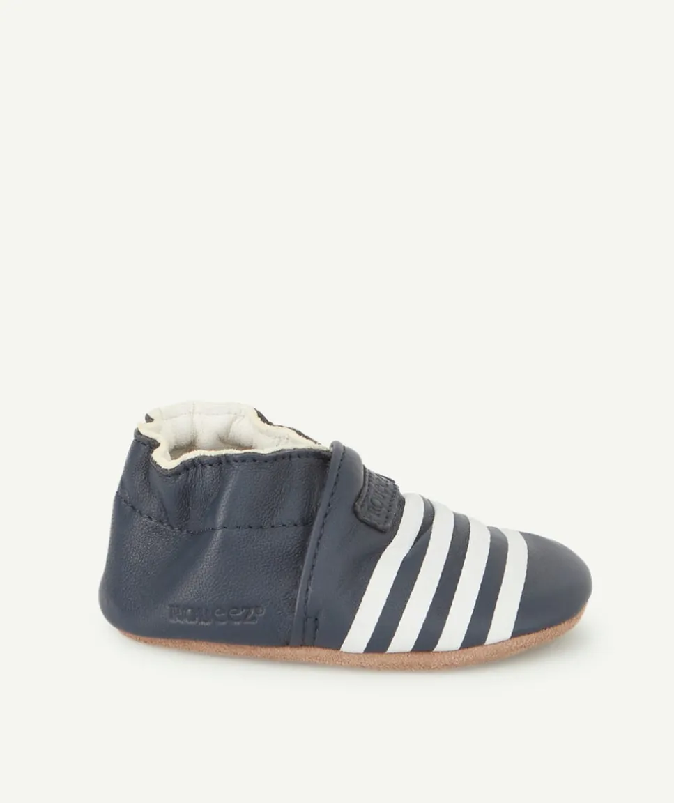Chaussons bébé bleu marine en partie en cuir avec rayures blanches