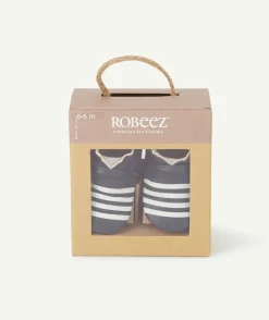 Chaussons bébé bleu marine en partie en cuir avec rayures blanches