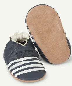 Chaussons bébé bleu marine en partie en cuir avec rayures blanches