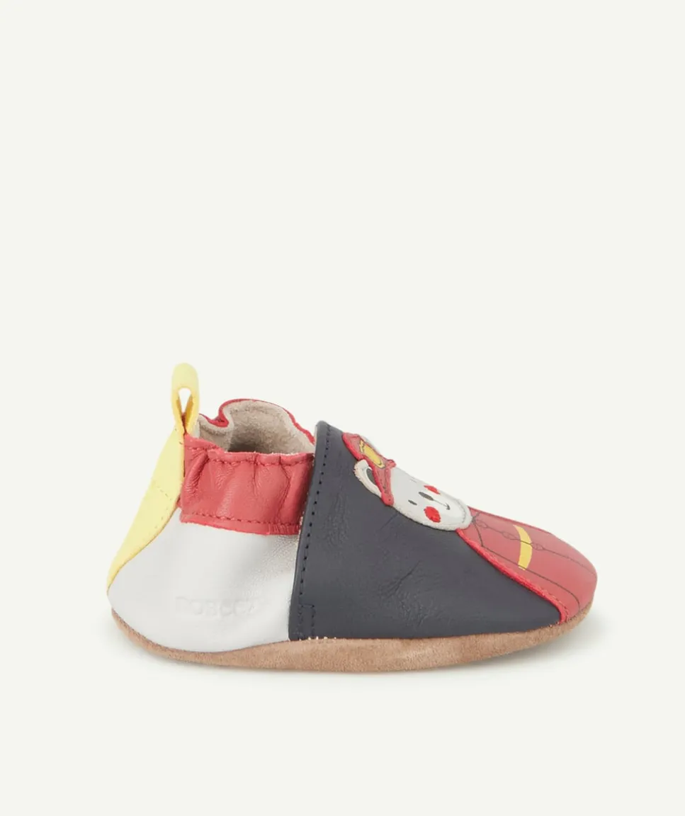 Chaussons bébé en partie en cuir bleu marine gris et rouge pompier
