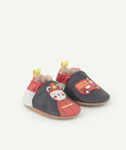 Chaussons bébé en partie en cuir bleu marine gris et rouge pompier