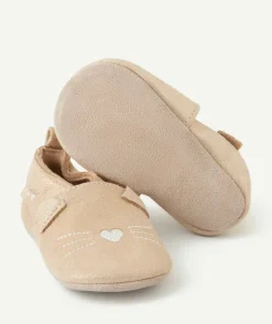Chaussons bébé fille beige avec motif chat