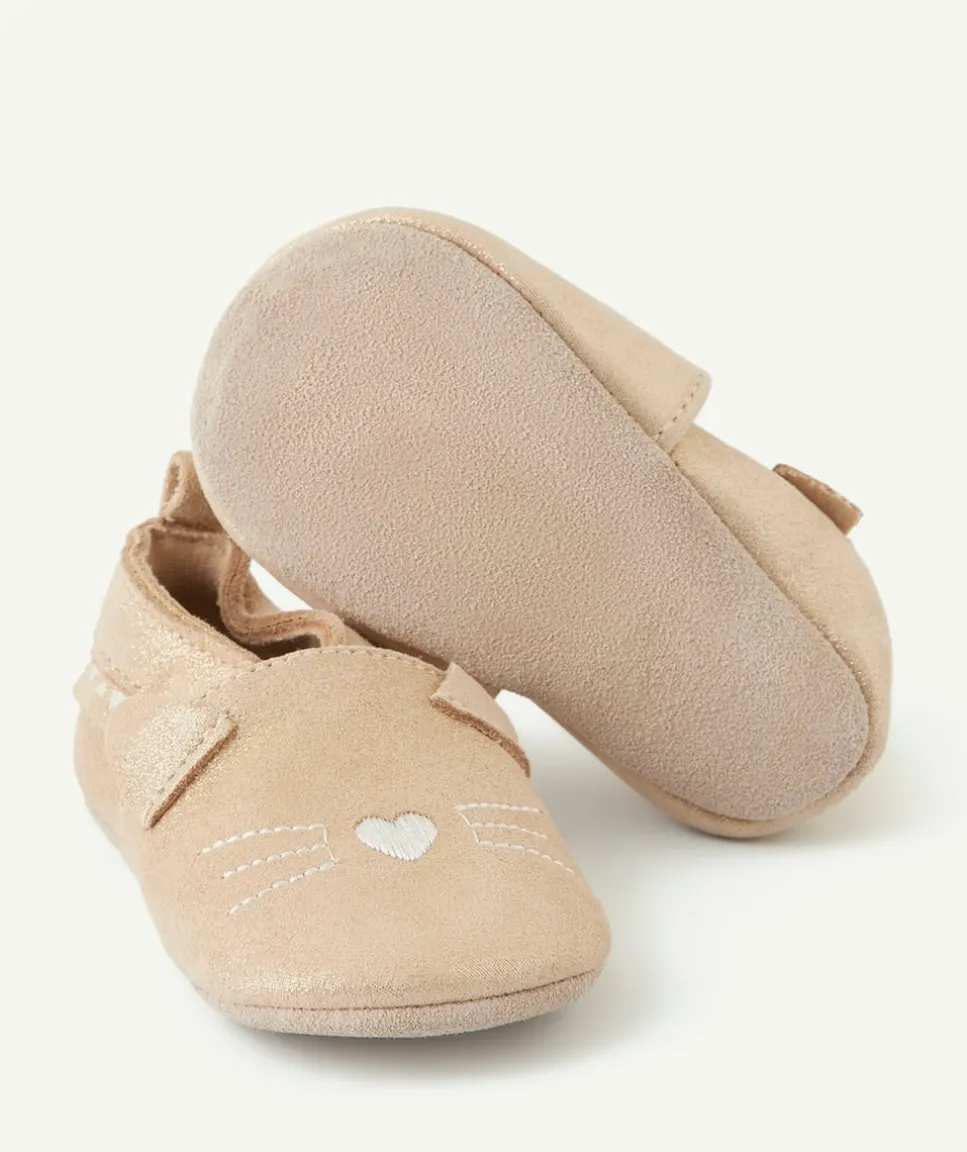 Chaussons bébé fille beige avec motif chat