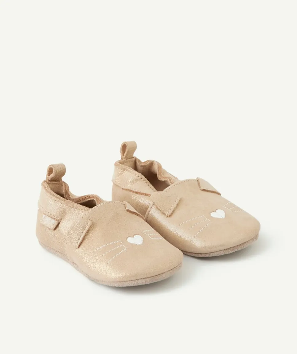 Chaussons bébé fille beige avec motif chat