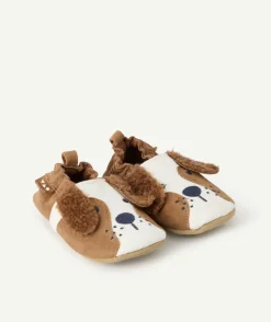 Chaussons bébé garçon souple motif chien marron