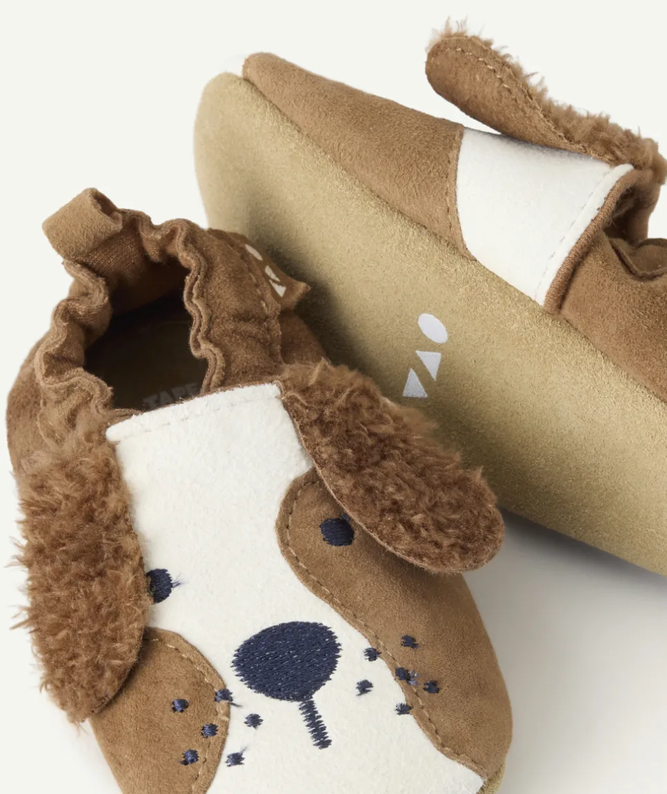 Chaussons bébé garçon souple motif chien marron