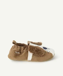 Chaussons bébé garçon souple motif chien marron