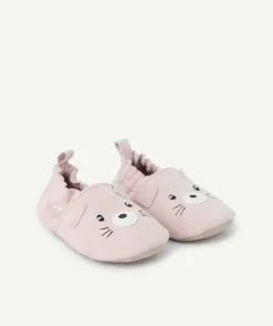 Chaussons en partie en cuir bébé fille rose avec motif ours