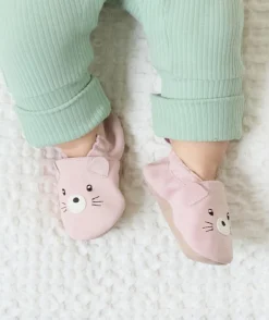 Chaussons en partie en cuir bébé fille rose avec motif ours
