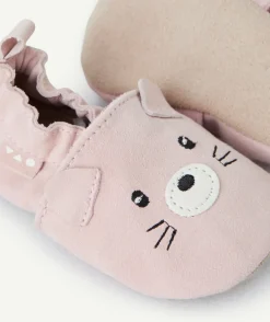 Chaussons en partie en cuir bébé fille rose avec motif ours
