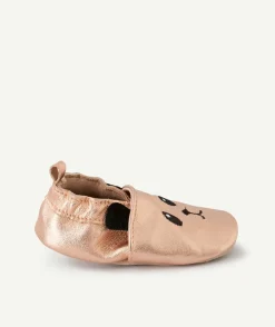 Chaussons en partie en cuir bébé fille rose gold avec pandas brodés